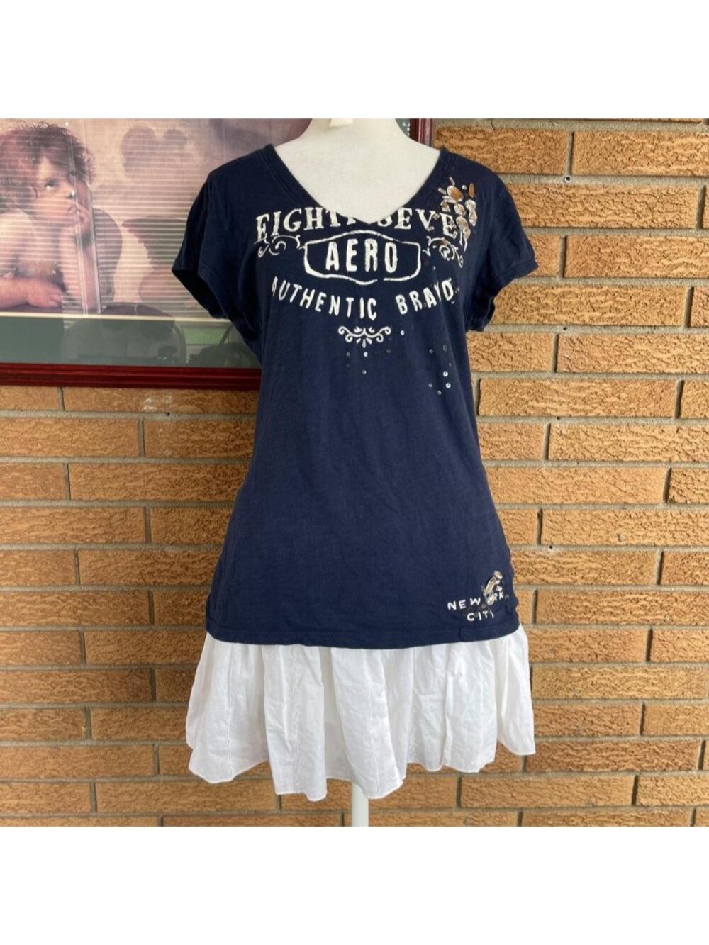 Aeropostale navy cotton baby tee with white graphic, sequin & bead details